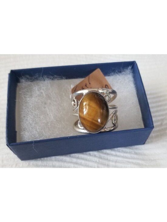 Jerry Fran Harr Jewelry - Ring Band Tiger Eye Silver Stone 20 x 15 mm Size 10 Handcrafted 8.4 gr Jerry
